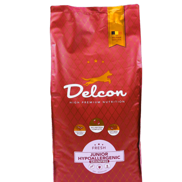 Delcon „Visavertis begrūdis hipoalerginis pašaras jauniems šunims JUNIOR HYPOALLERGENIC / 10 kg“