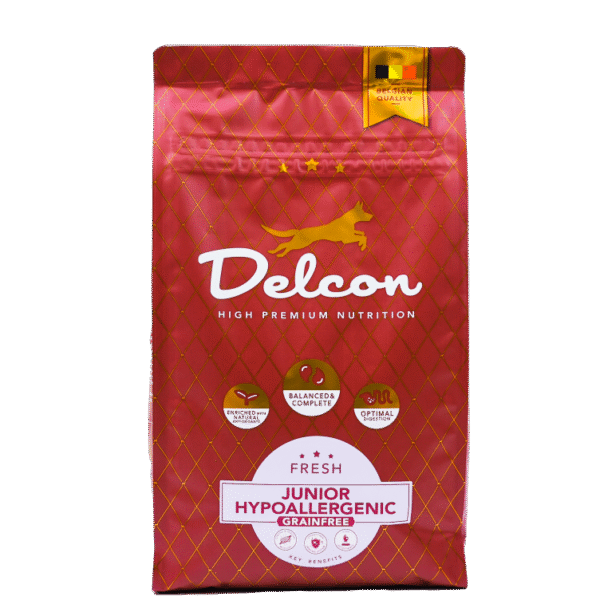 Delcon „Visavertis begrūdis hipoalerginis pašaras jauniems šunims JUNIOR HYPOALLERGENIC / 3 kg“