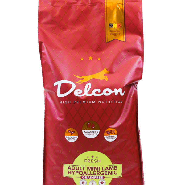 Delcon „Visavertis begrūdis hipoalerginis pašaras suaugusiems mažų veislių šunims MINI HYPOALLERGENIC su ėriena / 10 kg“