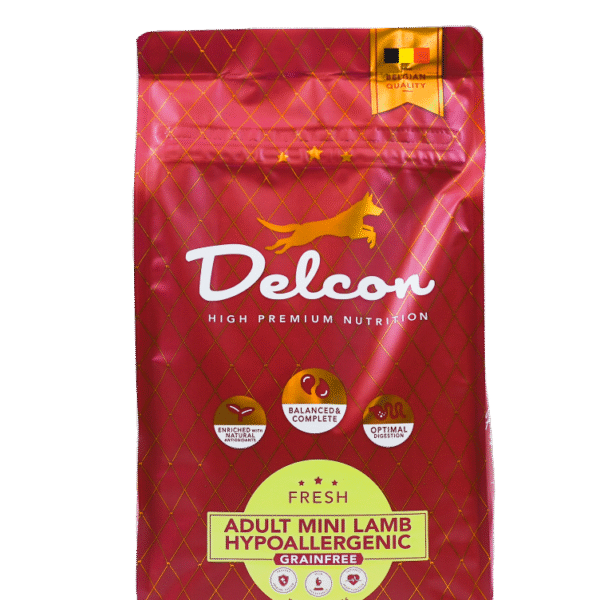 Delcon „Visavertis begrūdis hipoalerginis pašaras suaugusiems mažų veislių šunims MINI HYPOALLERGENIC su ėriena / 3 kg“